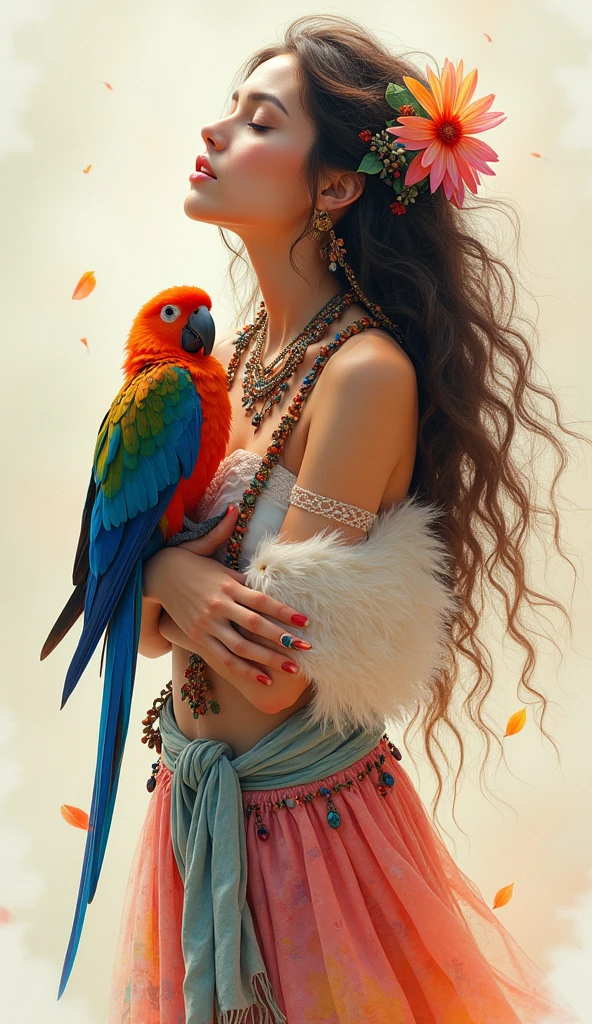 A captivating and enchanting photography that beautifully captures the essence ofa free-spirited and radiant Bohemian woman. She has cascading wavy hair adorned with intricate floral accents and tenderly holds her beloved parrot. She wears a flowing, lively maxi skirt with intricate patterns, a boho top, and a draped shawl, all adorned with subtle accessories like feathers and flowers. With her eyes closed and lips parted, she exudes a dreamy expression, deeply connecting with the world around her. The artist masterfully employs the fluidity and texture of watercolors to create a mesmerizing piece with a soft pastel background that evokes an ethereal atmosphere. Vibrant colors infuse the scene, creating an otherworldly and magical ambiance., dark fantasy, illustration, product, 3d render, vibrant, painting, photo, fashion, hyper-detailed, epic detail, upgrade, glitter, sparkles, lively, bold,clean, vibrant, painting, illustration, dark fantasy, 3d render, product, fashion, photo