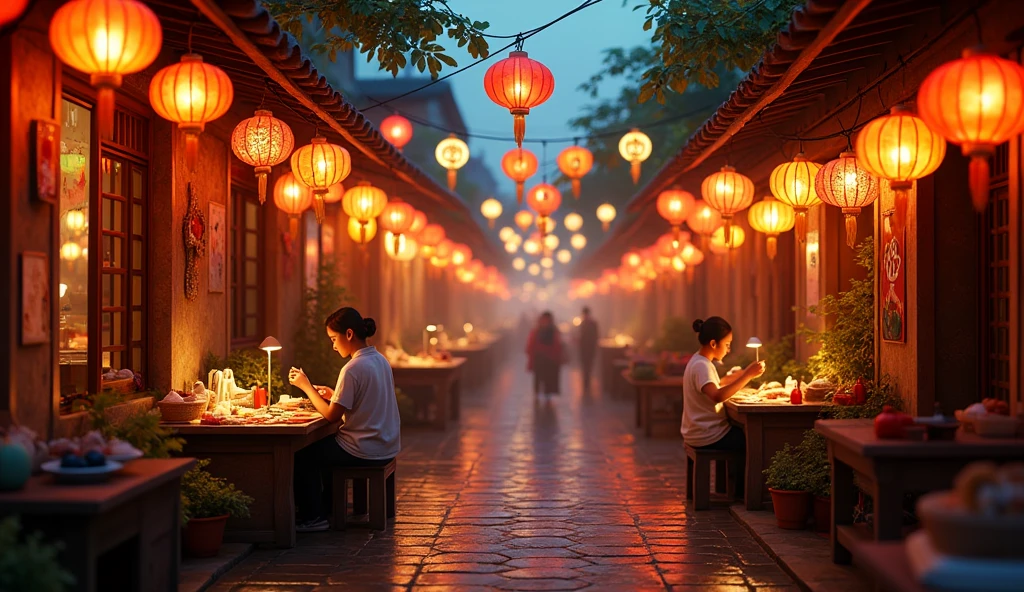 "A cinematic panorama of Hội An's lantern village, where the interplay of light and shadow creates a magical atmosphere as artisans work under strings of luminous lanterns."