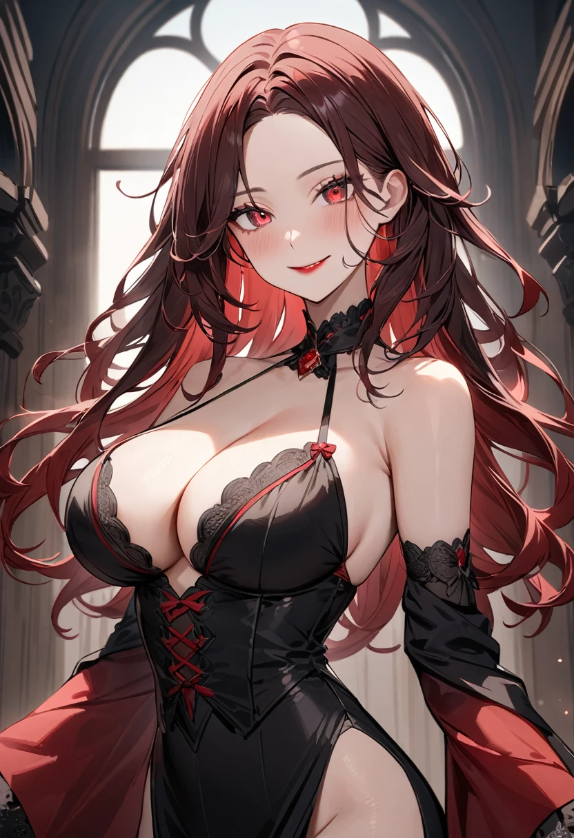 (masterpiece, top quality, very aesthetic, 4k、illustration), intricate detail, 1woman,solo,contrapposto 、(gradient eyes、tareme)、Strong glowing eyes、parted bangs,Fair skin,(upper body)、Cool women、Cleavage、 smile、(red lipstick),beautiful face、(gradient hair)、(dark red hair)、(messy hair),sidelock ,parted bangs,red eyes、halter top Victorian Dress、large breasts、slender 、