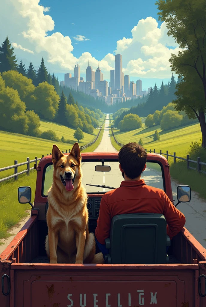 A farm dog accompanying his owner in a pickup truck to the city 
