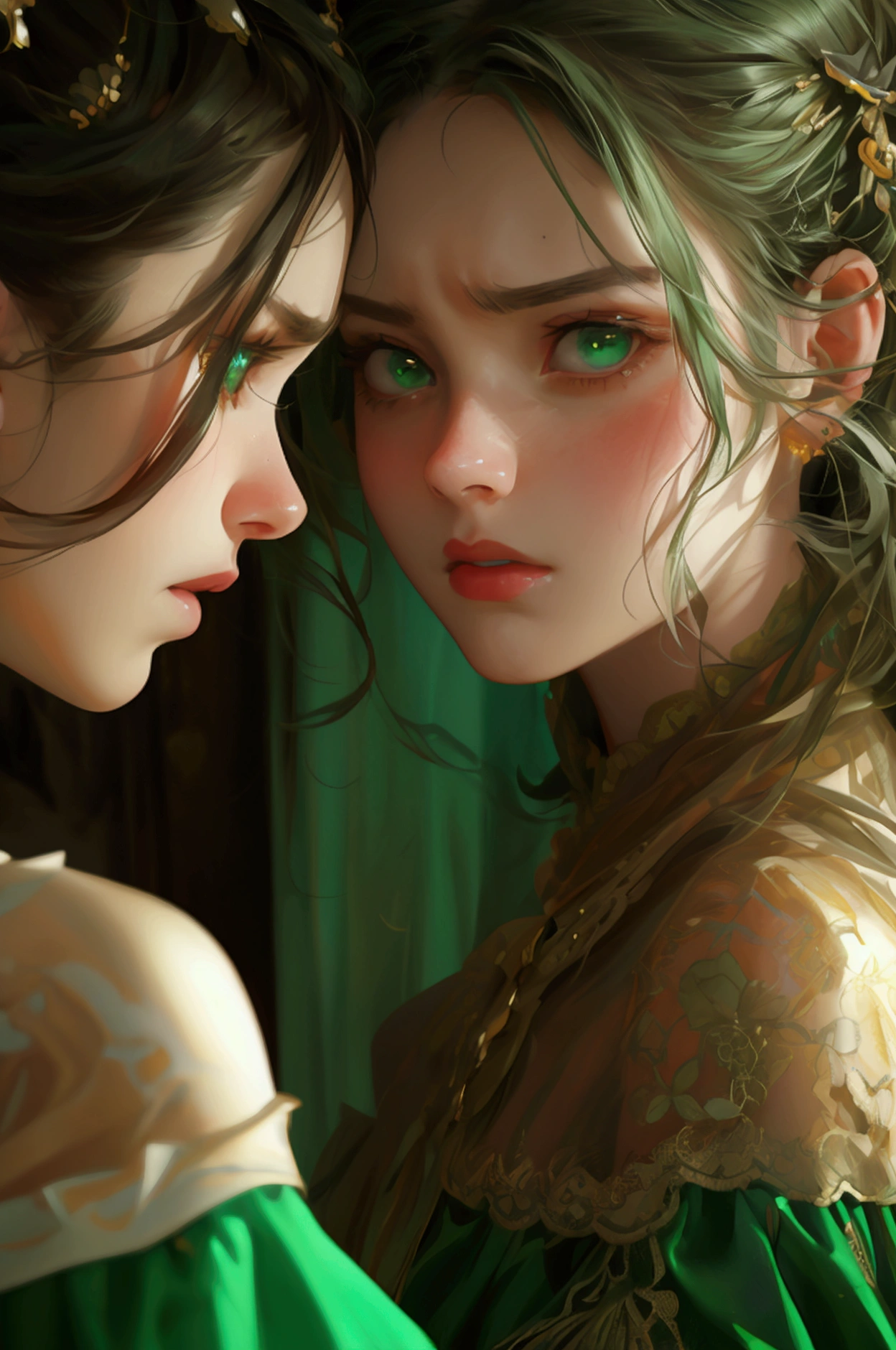 a girl in green dress attack on anther girl, like they are fighting, face is full of expressions, angry,