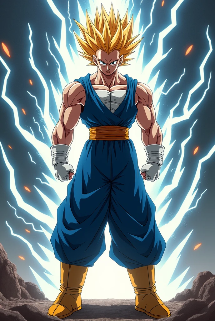Depicting a proud elite warrior, he is slimmer and wears blue combat uniforms.、He's wearing white underwear and yellow-toed boots. He's got his beard removed, his hair is on fire, he's got yellow-toed boots on. He's thinner, his hair is on fire, lightning is running all around him, his hair is on fire more, he's awake!!Put white gloves on him, make his clothes more like those of a warrior race, get rid of the cloak, put on a white undershirt, make his clothes more Saiyan-like, make his hair black, make his eyes look fierce, make his clothes more combat-friendly, put on boots with yellow toes, get rid of the cloak, put on a white undershirt, make his hair black, put on a white undershirt, change his clothes to something a proud warrior would wear, make him more like a Saiyan, put on blue leggings, make his hair stand up more, have sparks running all around him, put on leggings instead of pants, and blue