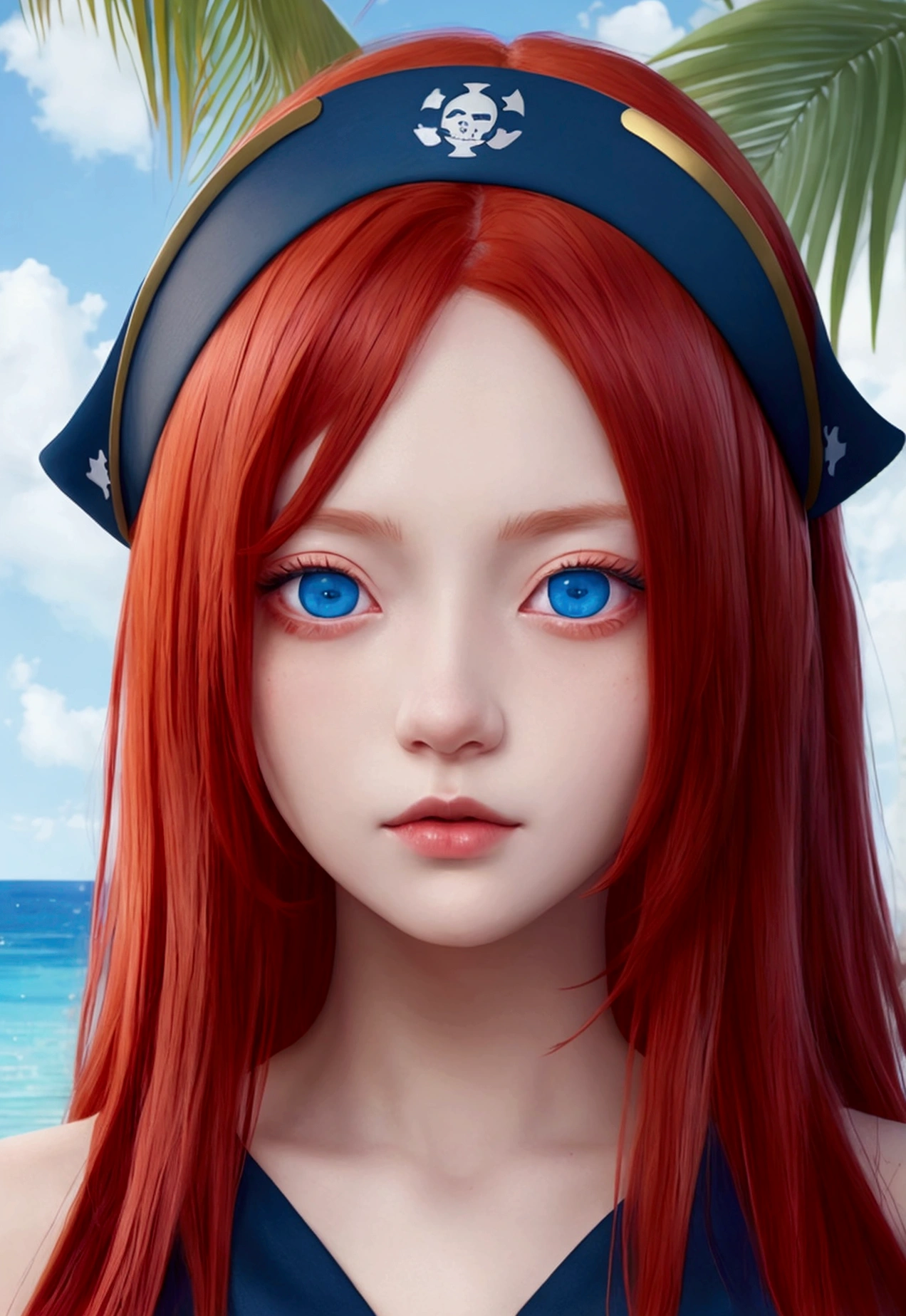 anime, (((portrait of he said))), woman, (((Red Hair))), (((blue eyes))), (((female pirate)), 8k, unreal enGine, オクタンレンダリンG, Cute, GamanG, Yoon Gonji, G.To, Gosonjak, Schloop, Severe, Dorm, Noah, trendinG on pixiv, Fan Box, Sketch, masterpiece, Smooth and soft skin, biG dreamy eyes, Beautiful and complex hair colors, Symmetric, anime wide eyes, soft liGhtinG, Concept Art, diGital paintinG,  Tropical Island