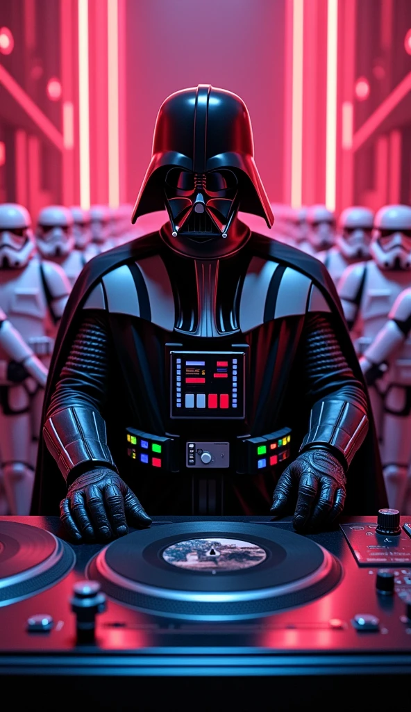 darth vader Djing on record playing Technics record player turntables with starwars picture disc records being played on the technics Sl1210s and a old school 2 channel dj mixer in between lines of marching stormtroopers