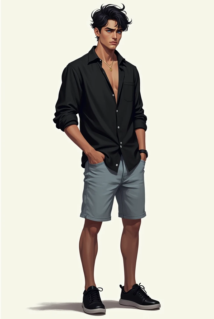 A digital drawing of a 22-year-old man with black hair and dark blue eyes wearing a black shirt open to the top button and light denim shorts and black sneakers with a frowning face.
