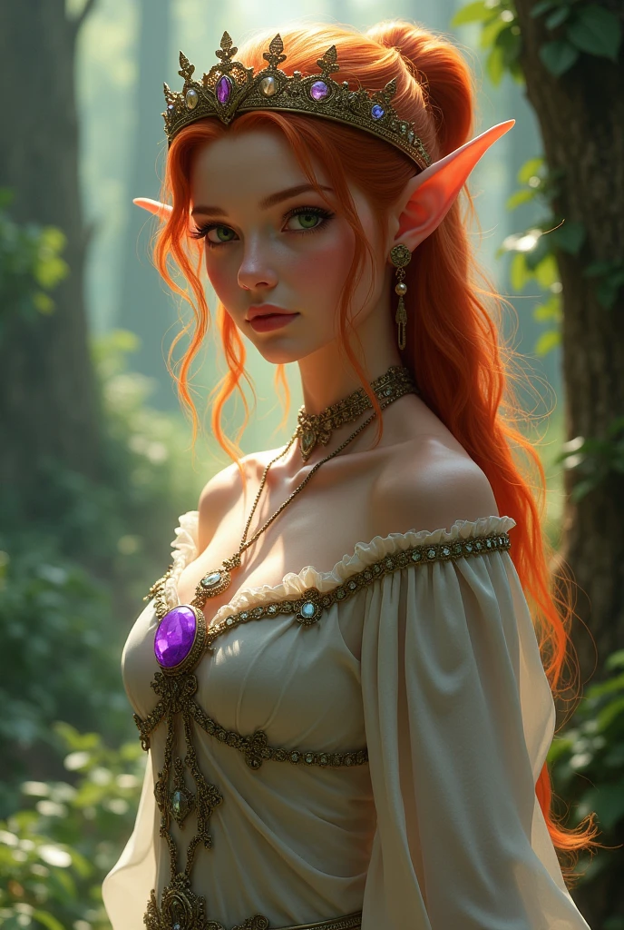 young adult, beautiful, redhead, side part hairstyle, dark green eyes, elven dress, tiara, elf, sorcerer, fantasy, magical, purple pendant or amulet, whole body