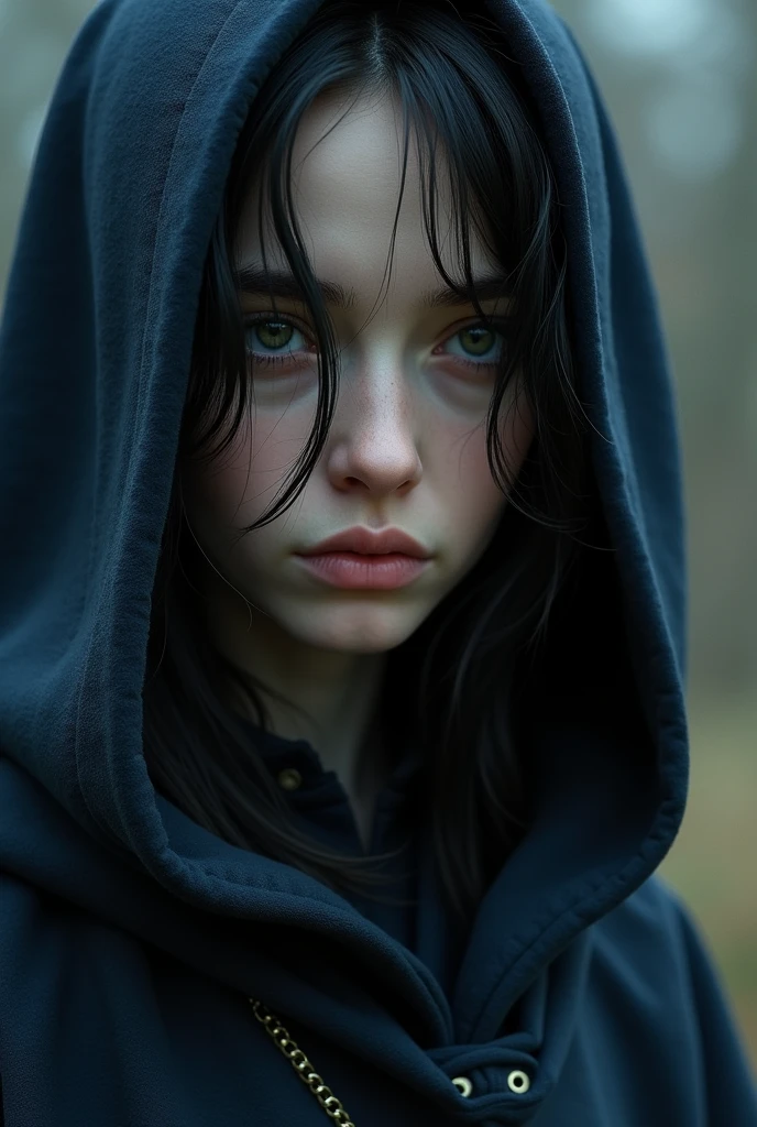 Wearing a Ravenclaw robe like in the movie, the girl has a slender face with a clear jawline, dull grey eyes, long black hair falling down to cover some parts of her face, pale skin color.