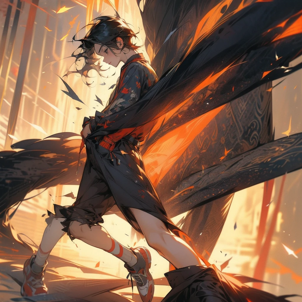 A boy with black hair ,black eyes ,wearing a black and red short-sleeved jacket,Wear shorts that go past the knee and have lots of pockets and straps. ,white and red shoes