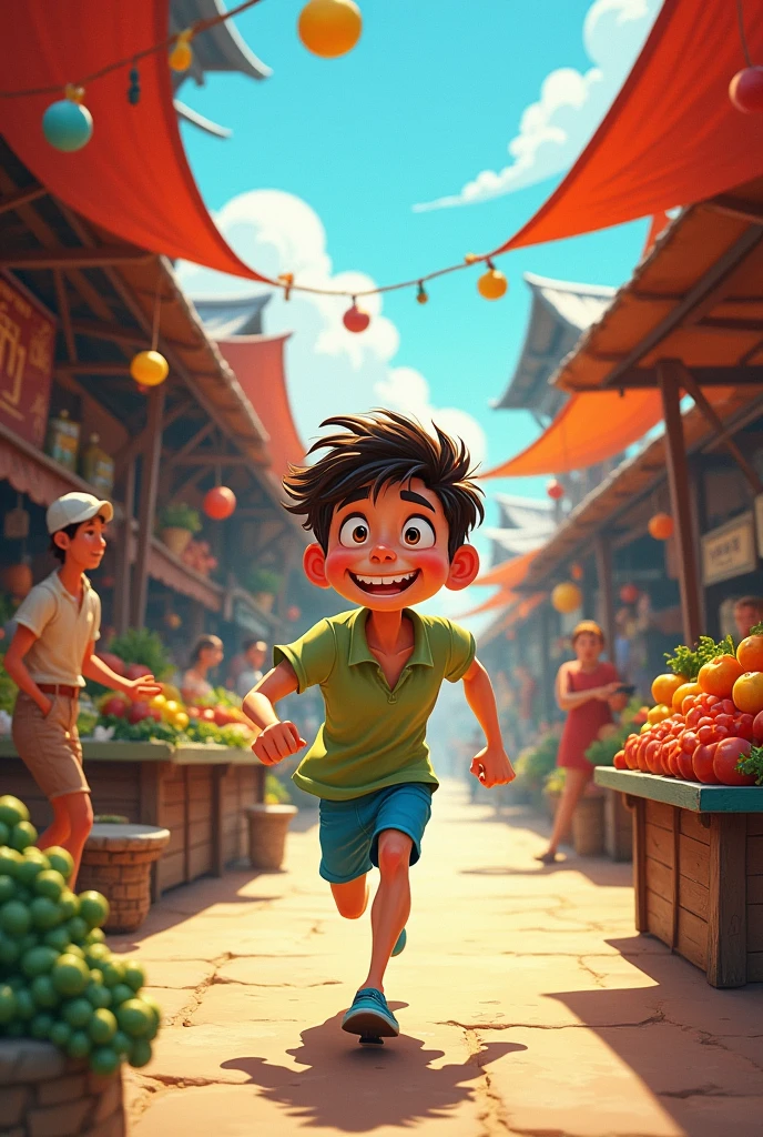 a  running in a busy market on a village, everyone is looking at him. make it cartoon