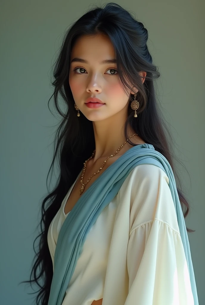 A west bengal indian young woman, heavily dark silky hair,age 22,height-1.65 m.,slim -beautiful-slender figure like goddess,very "milky"fair skin with soft delicate aura, face have milky color with rosy demeanor, pink lips, perfect facial shape,1203 AD,pearl white, sky blue mixed sarii, daughter of a landlord, of that time,bengal culture, eyes are dark gray colored face is calm,expression like a (arrow-shot- deer hurt by hunter),indian girl,have necklace of gold,indian-indian-west bengalian girl,square face with sharpen feature,one sided hair
