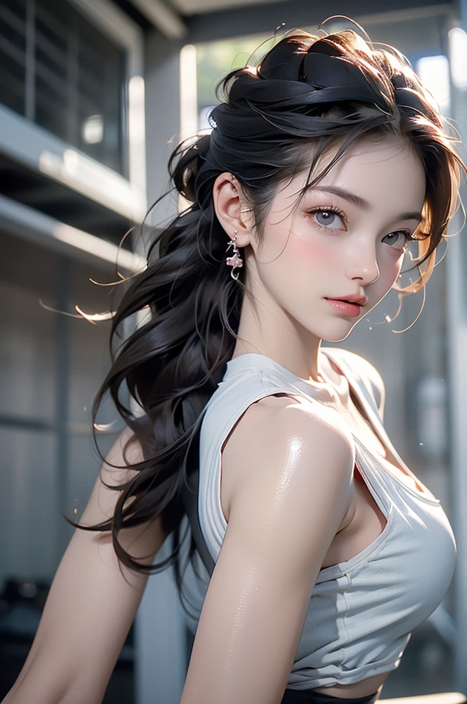 ridiculous, original photo, best quality, (masterpiece: 1.3), High-detail RAW color photos, Professional photos, Extremely detailed 8k CG wallpaper unit, foto-Realist, Realist, original photo, masterpiece, better quality, high resolution, illustration, 1 girl, 18 years, strong, ASİAN, Japanese, black hair,There are bright spots ahead, straight hair, medium-length, Random hairstyle, pernas strongs, perfect beautiful face, Kaduun lips, belos olhos Realists, pale skin, Detailed skin texture, natural big breasts, little ass. athletic body, strong. Serious. antagonism. Mixed martial arts fighter, UFC fighter. She looks fantastic. (gym uniform, detailed designs), academy.Naked trench (huge breasts:1.2),wet skin((rogue))Cool atmosphere,shiny skin,big breasts, big breasts, M cup,NUDE