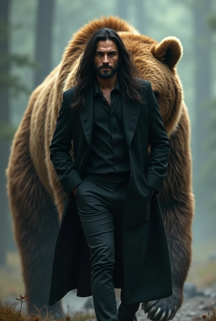 man resembling Can Yaman, long hair and strong look, in a flowing black coat walking with his hands in his pockets, with a huge brown bear behind him