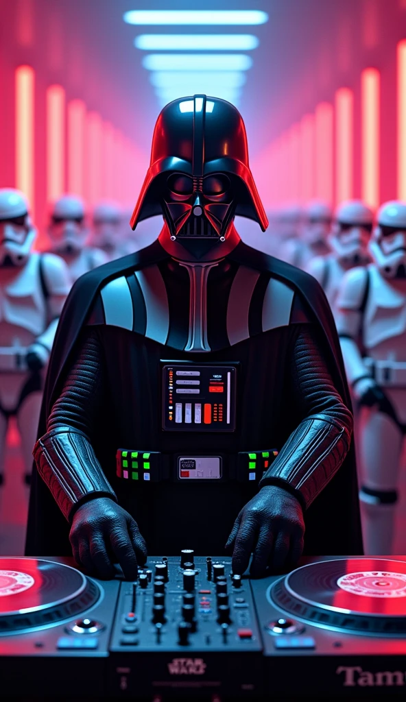darth vader Djing on record playing Technics record player turntables with starwars picture disc records being played on the technics Sl1210s and a old school 2 channel dj mixer in between lines of marching stormtroopers