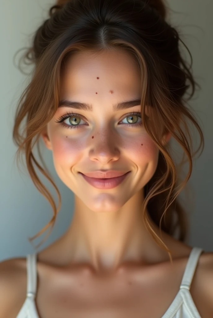 "Crée une jeune femme réaliste et belle avec des traits naturels et des imperfections, lui donnant une apparence authentique et réaliste. Elle doit avoir des yeux doux et expressifs, un sourire chaleureux, et un corps en bonne santé avec des courbes naturelles. Sa peau doit présenter des imperfections subtiles, comme des taches de rousseur ou de légères imperfections, pour renforcer le réalisme. Ses cheveux doivent être coiffés de manière naturelle, peut-être légèrement ébouriffés, et son apparence générale doit exprimer chaleur et convivialité. L'objectif est de créer un modèle si réaliste qu'il est presque impossible de dire qu'il a été généré par une IA."