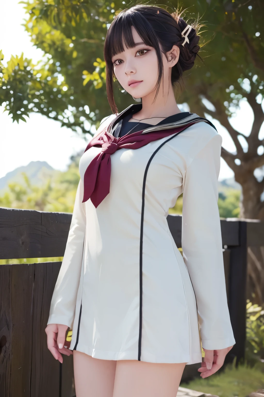 (VI-000020:1.2), (ultra photoRealistic:1.3), (masterpiece:1.4), 最high quality, ((Realistic)), high quality, Super detailed, ((Realistic anime face)), ((Realistic skin)), ((Realistic body)), ((Sexy pose)) (最high quality:1.1), (figure:1.05), (One person:1.05), (cute:1.05), (Beautiful attention to detail:1.05), (Cinematic Light:1.1), Light blue highlights, Black Hair, One person, cute tyrant portrait, black eye, White Dress, Temple, Viewer forest warcraft landscape view