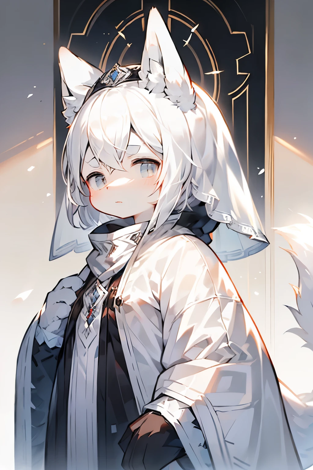 a veil on her head, Grey Veil, White hair, Off-white, Gouvezi art style, Arrogant and indifferent girl, Half squinted, White eyes球, White eyes, Ethnic style, Off-white
