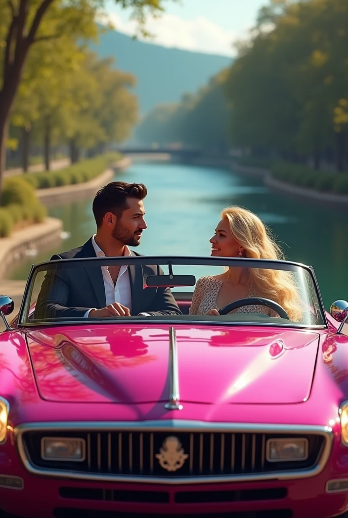 Tall and handsome man with short dark hair drive pink luxurious car with beautiful perfect girl sexy with long curly blonde hair driving in beautiful road by the river view