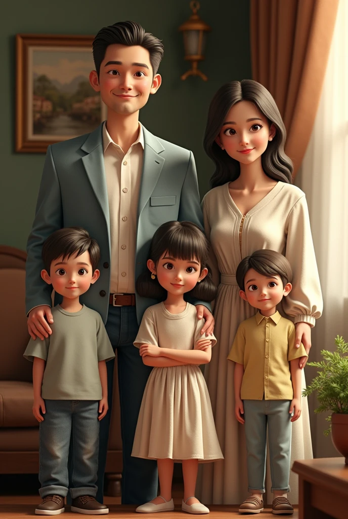 A family photo consist of 5 members. The father, mother, first child or eldest son, second child the daughter, and third child or youngest son. 2 sons and 1 daughter