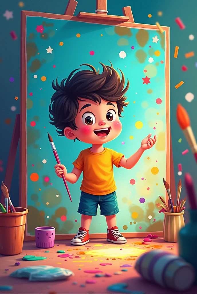 Make a drawing where a boy paints himself in the canvas like a mirror, he is using brush, ideas and thought coming out of him, make it cartoonic and colorful