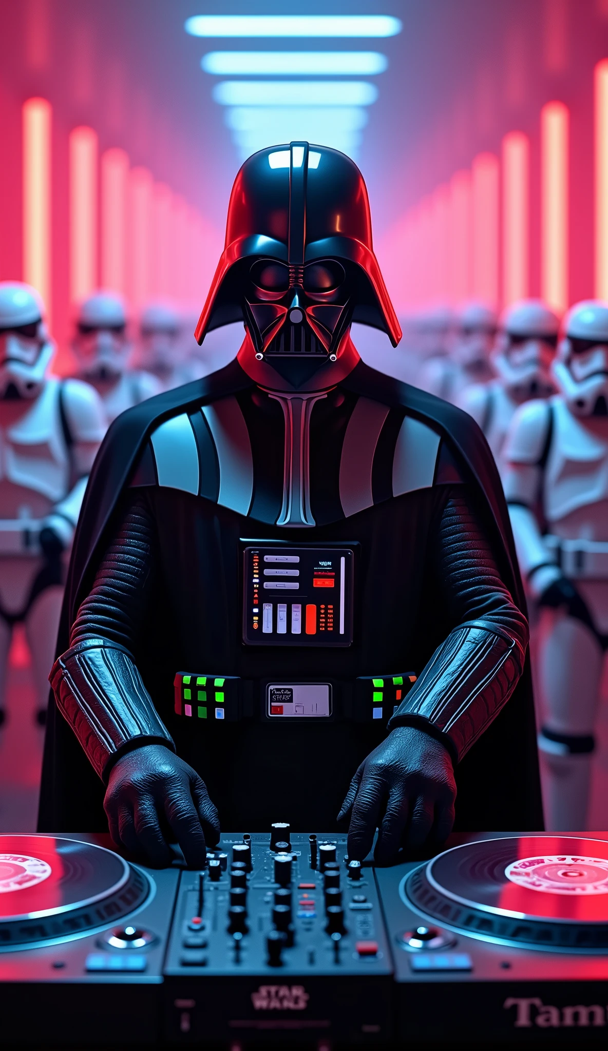 darth vader Djing on record playing Technics record player turntables with starwars picture disc records being played on the technics Sl1210s and a old school 2 channel dj mixer in between lines of marching stormtroopers