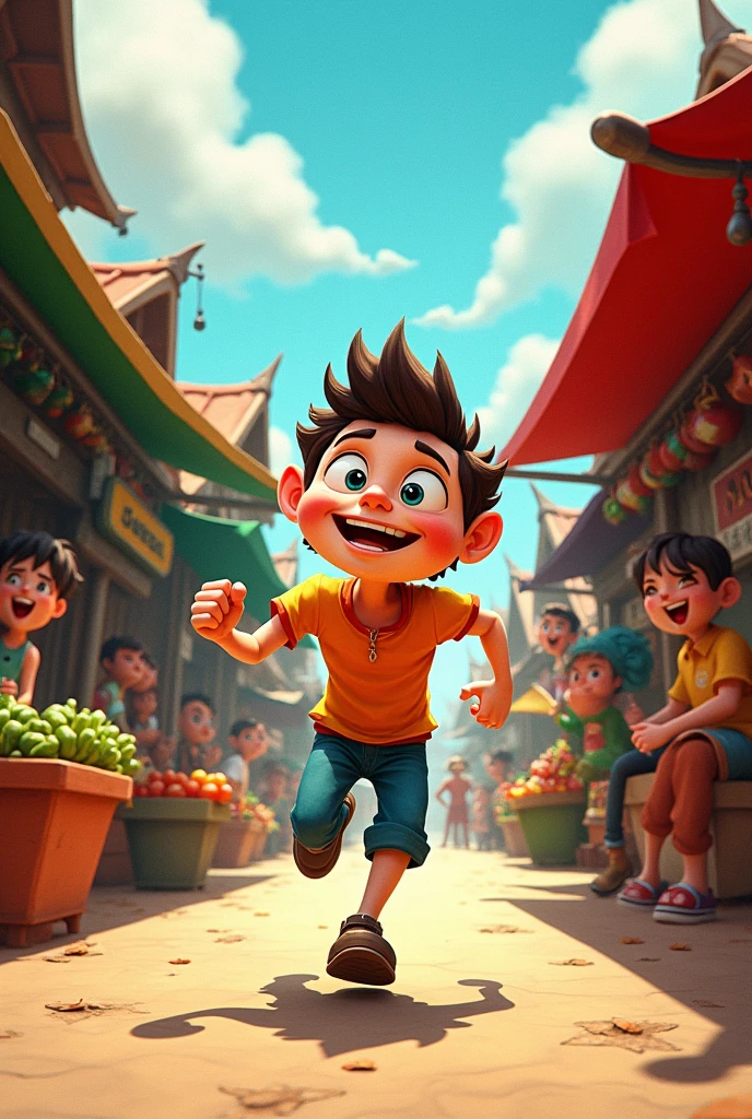 a running in a busy market on a village, everyone is looking at him. make it cartoon