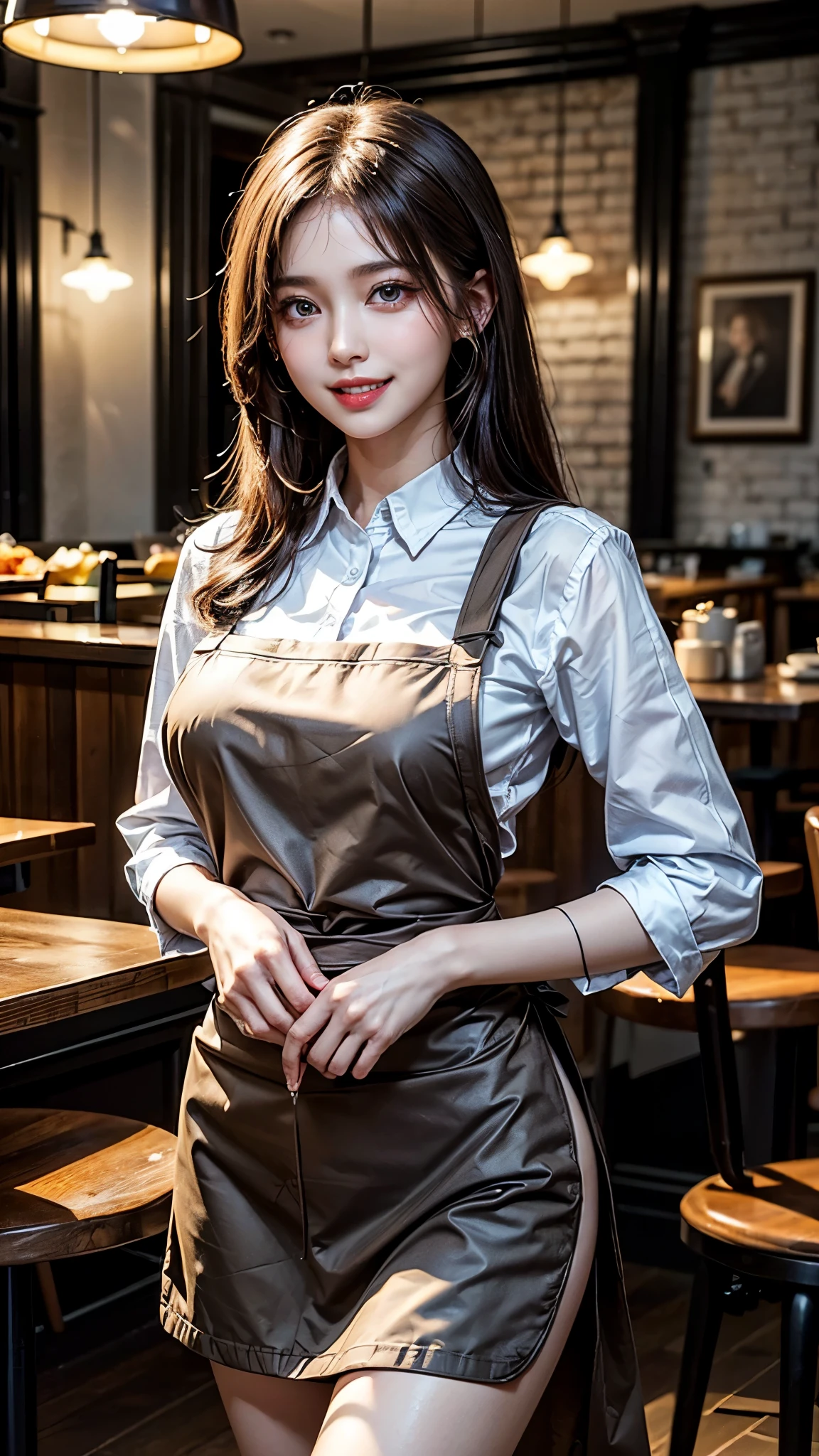 (Highest quality、Tabletop、8k、Best image quality、Award-winning works)、Woman working in a café、(The perfect brown apron:1.1)、(The perfect brown apron:1.1)、(wide々She is standing elegantly in a modest cafe..:1.3)、(A classy shirt and apron:1.1)、(Big Breasts:1.1)、(Accentuate your body lines:1.1)、Beautiful woman portrait、The most elegant and cozy cafe、The most natural cafe, Perfectly organized、The most atmospheric and warm lighting、Stylish and elegant cafe、Strongly blurred background、Look at me and smile、(Accurate anatomy:1.2)、Ultra high resolution perfect beautiful teeth、Ultra-high definition beauty face、Ultra HD Hair、Ultra HD The Shining Eyes、The Shining, Super high quality beautiful skin、Super high quality glossy lip
