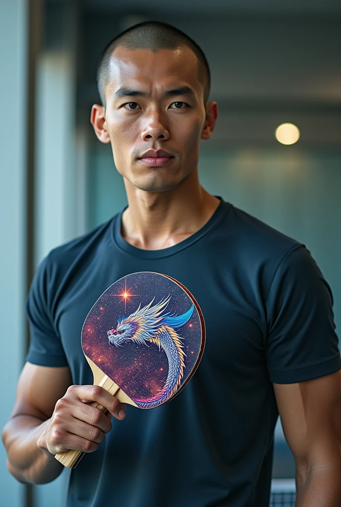 30 year old Indonesian man, buzz cut hair in clothes holding a table tennis racket in the shape of an astral dragon
