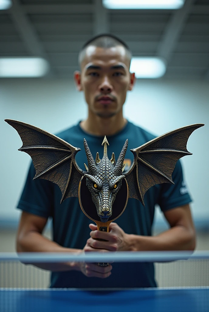 30 year old Indonesian man, buzz cut hair in clothes holding a table tennis racket in the shape of an astral dragon