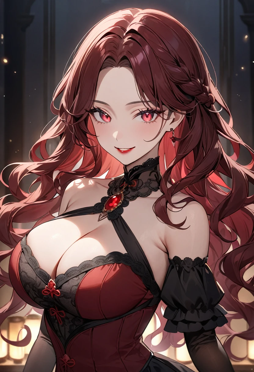 (masterpiece, top quality, very aesthetic, 4k、illustration), intricate detail, 1woman,solo,contrapposto 、(gradient eyes、tareme)、Strong glowing eyes、parted bangs,Fair skin,(upper body)、Cool women、Cleavage、 smile、(red lipstick),beautiful face、(gradient hair)、(dark red hair)、(wavy hair),sidelock ,parted bangs,red eyes、halter top Victorian Dress、large breasts、slender 、