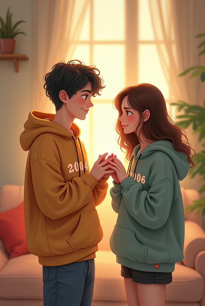 Adult Cute boy who wears 2004 hoodie and cute adult girl who wears 2006 hoodie