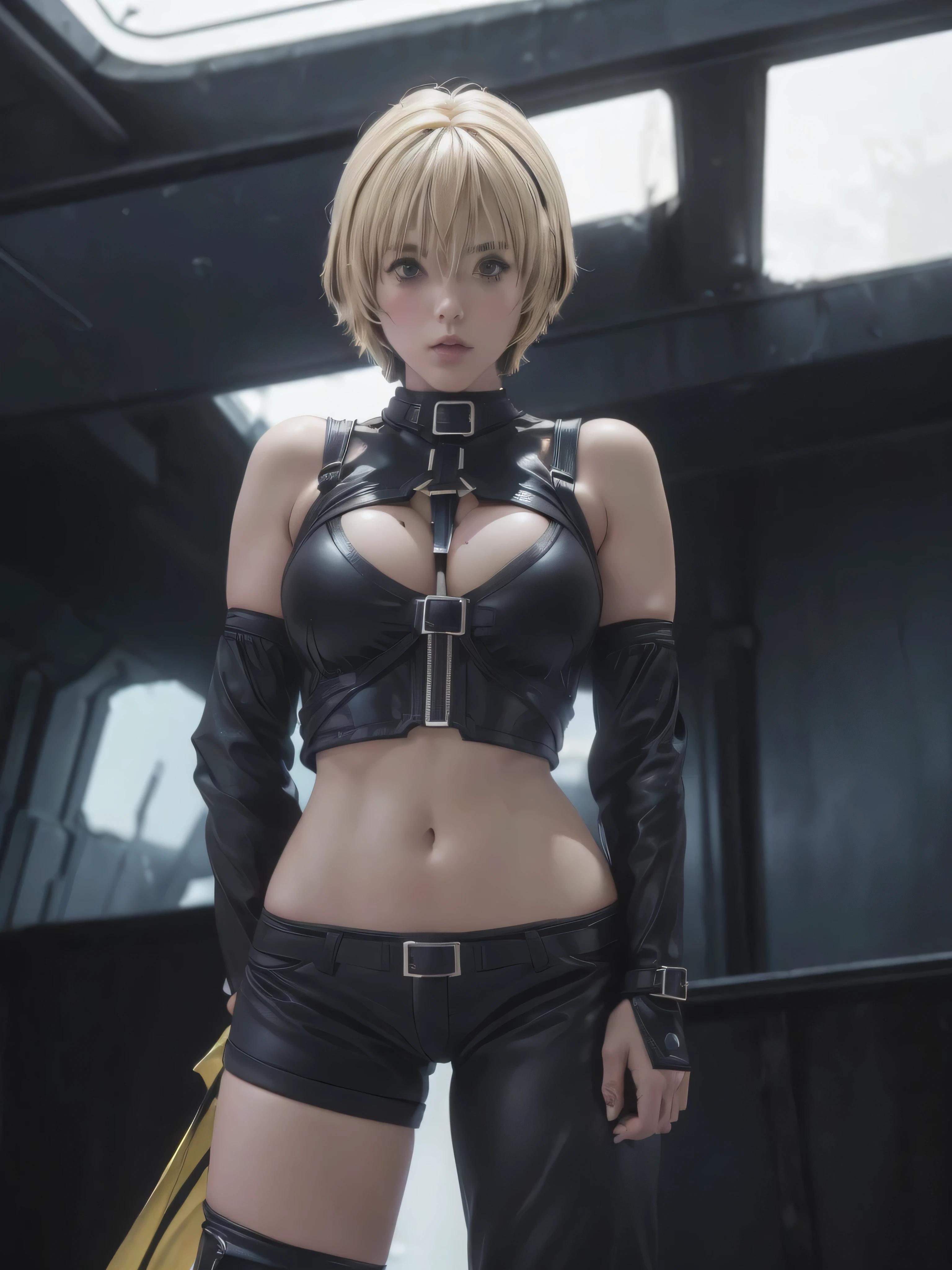 kurosaki mea、最high quality、high quality,, ((Masseter muscle area)), ((High resolution)), ((最high quality)), detailed, ((Glowing Skin)), (High leg bodysuit:1.2)、and, ((huge 、Blonde、Short Bob))、(Black Bondage, Black hot pants:Open the front of your pants:1.4), Big Tits:1.4, Big Breasts:1.4, Voluptuous bust:1.4, Bare belly:1.4, exposed navel:1.2, (See the front-facing camera:1.5、Looking at the audience:1.5)、(No pause 1.5, Standing still:1.4), ((background:Inside the futuristic facility:1.4))