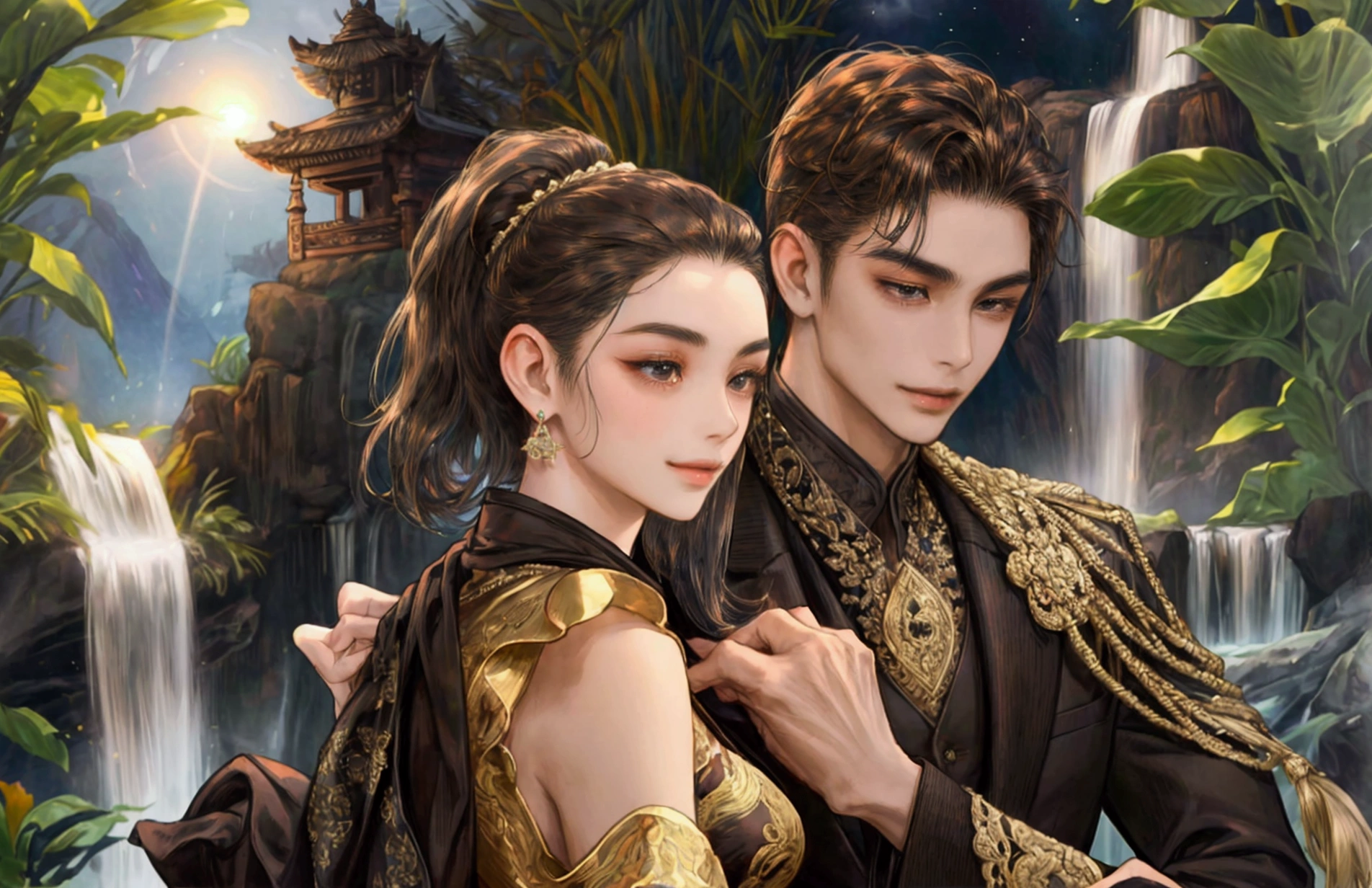 Couple, javanese style, masterpiece, best quality, realistic, quiet and charming, 29 years old, black eyes, serious, extremely detailed face, full body, smile,((dark brown, swept side hair)), [ eyebrows], blue suit, waterfall, accurate, detailed