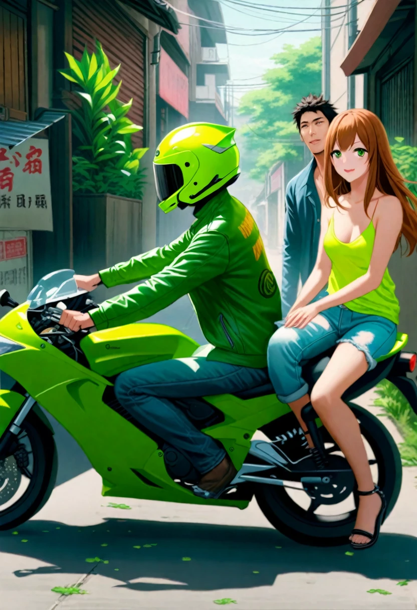 realistic anime illustration of man and young woman are riding a lime-green motorcycle along the alley, man with helmet sitting front, woman sitting behind, (1girl, 1boy, full body), (masterpiece, best quality, japanese anime style), (expressive eyes, perfect face, perfect anatomy)