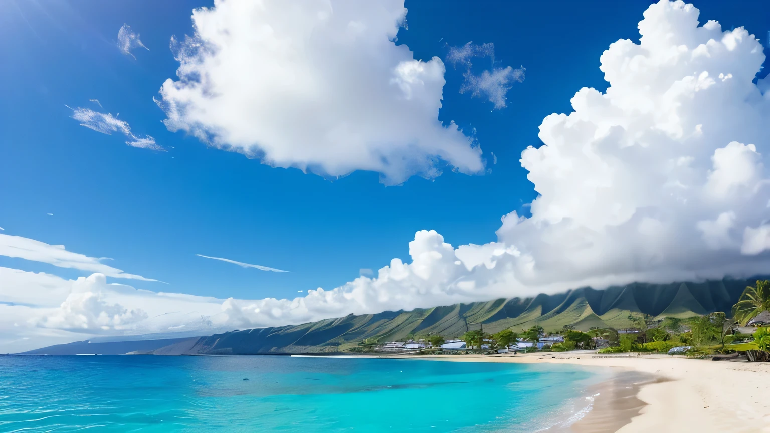 Ocean,On the Hawaiian Island,blue sky,White cloud,Clear and transparent,Far away in the sky, White sand beach