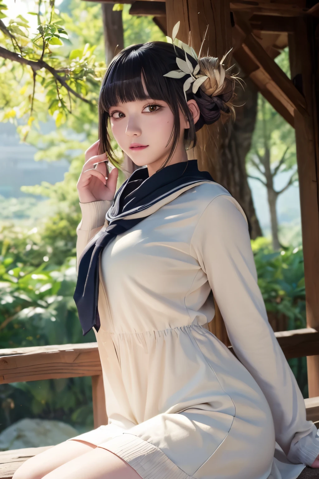 (VI-000020:1.2), (ultra photoRealistic:1.3), (masterpiece:1.4), 最high quality, ((Realistic)), high quality, Super detailed, ((Realistic anime face)), ((Realistic skin)), ((Realistic body)), ((Sexy pose)) (最high quality:1.1), (figure:1.05), (One person:1.05), (cute:1.05), (Beautiful attention to detail:1.05), (Cinematic Light:1.1), Light blue highlights, Black Hair, One person, cute tyrant portrait, black eye,  White Dress, Temple, Viewer forest warcraft landscape view