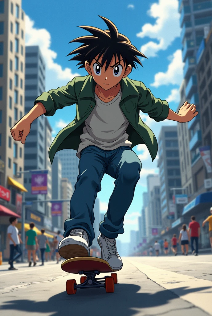 Shinichi kudo of detective Conan in skateboard