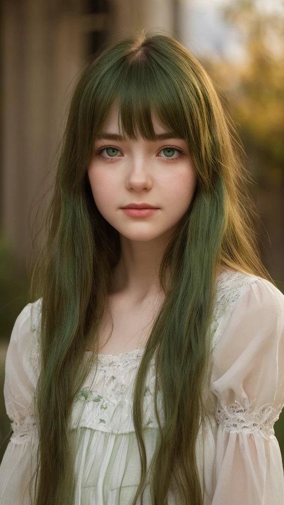 a girl. European. Extremely detailed face. Oval face. Delicate facial features. Half-closed eyes. Long straight hair. Messy hair. Bangs. Green hair. Green eyes. Pensive. Melancholic. Ethereal. Innocent. smile