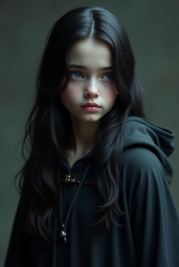 Wearing a Harry Potter robe like in the movie, the young girl has a slender face with a clear jawline, dull grey eyes, long black hair falling down to cover some parts of the face, pale skin color.