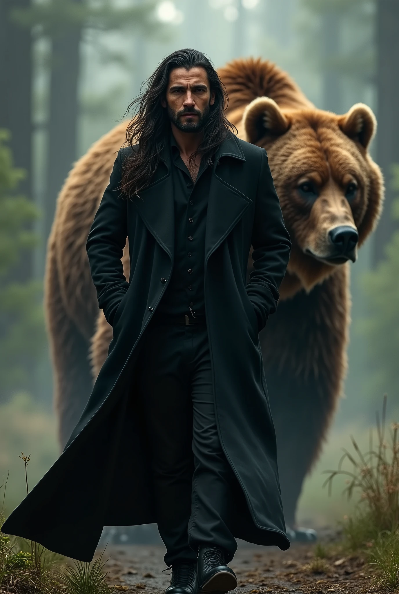 man resembling Can Yaman, long hair and strong look, in a flowing black coat walking with his hands in his pockets, with a huge brown bear behind him