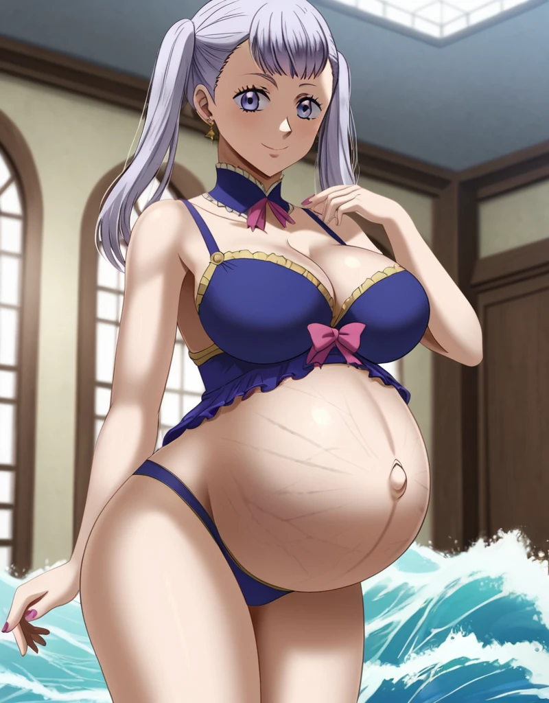 noelle_blackclover, Noelle Silva, Black Clover, long silver hair, waist-length hair, half-up half-down hairstyle, ribbon, soft waves, side-parted bangs, almond-shaped blue eyes, high-quality, ultra-detailed, beast quality, 8K resolution,
looking at viewer, dutch angle, cowboy shot, smile, pregnant belly, large belly, big belly, big Breasts, Stretch marks,
1girl,solo, indoors, happy, Smiling, rub belly,
full body, Nail polish, Earrings,