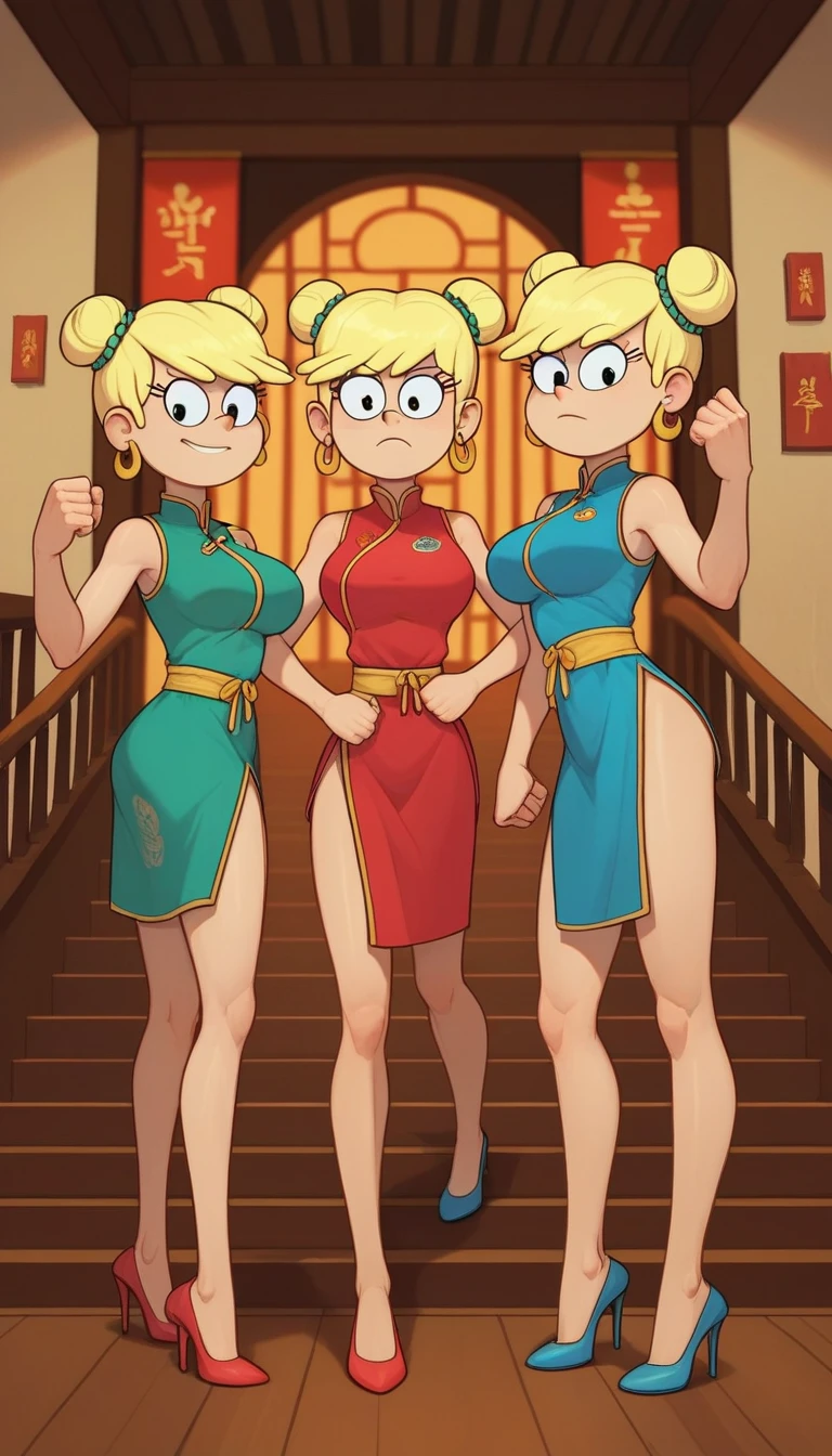 leni loud, 3girls, trio, 24yo girl, large breasts, green cheongsam,  inside of a chinese temple, looking at viewer, blonde hair, two hair buns , hands  score_9, score_8_up, score_7_up, high heels, teep fighting stance,martial arts, stairs behind her, guarding the stairs, a door behind the stair, they are identical twins