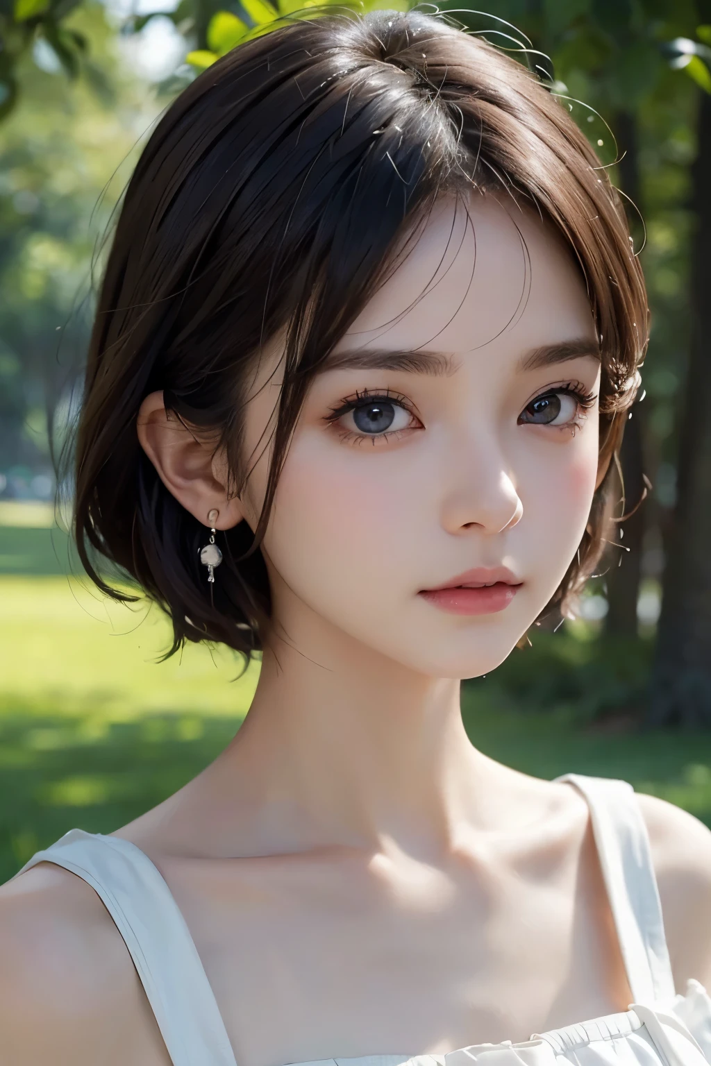 14age、short hair、grassland、Image from chest up:1.6)、Close-up portrait of a woman wearing a white off-the-shoulder dress and earrings, Soft Portrait Shot 8k, Nice delicate face, High-quality 4K portraits, High-quality portraits, Soft and perfect white skin, 8k highly detailed face, Beautiful delicate face, Beautiful light big eyes, 美しい and realistic face,