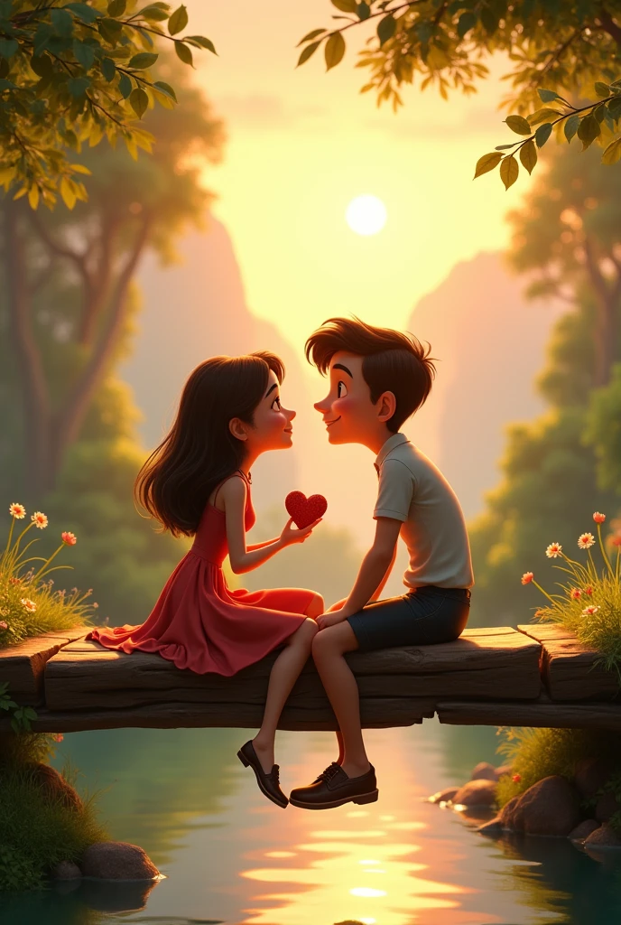 Pixar image with a couple sitting on a wooden bridge, the woman with one leg touching the ground of the bridge and the man with his legs tucked up, the man on the far right and the woman on the far left