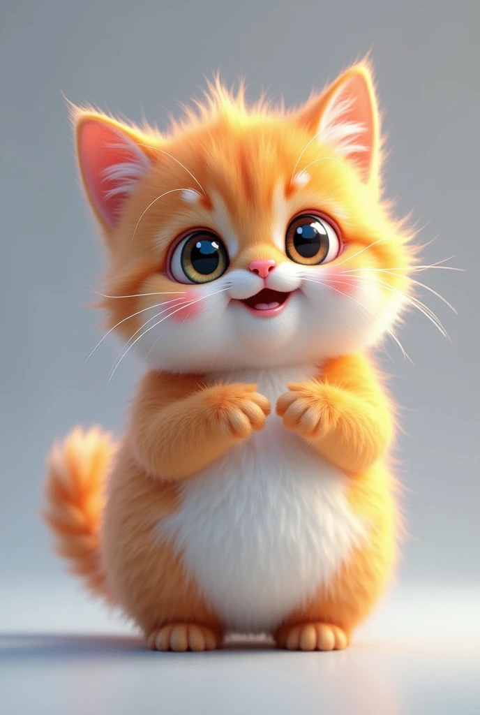 Fascinating, 美味しくふわふわな子猫の高品質3D Rendering, Exudes cuteness and charm. With a round and plump body、It is softly covered, Vibrant fur and gentle, Small teeth peek out from a slightly open mouth. Its big, Expressive round eyes sparkle, and、Those rosy cheeks are charming. Standing upright, Place your hands gently at your sides, She exudes a charming and friendly aura.. The calm grey background、Highlights vibrant colors and textures, Creating visually striking and conceptually unique work., photograph, Conceptual Art, 3D Rendering