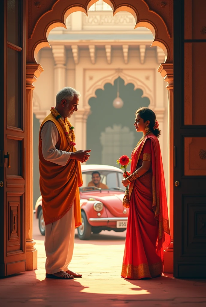 

Middleclass 
father making bye to bride marriage Hall,groom waiting near the car outside the hall in the background south Indian style