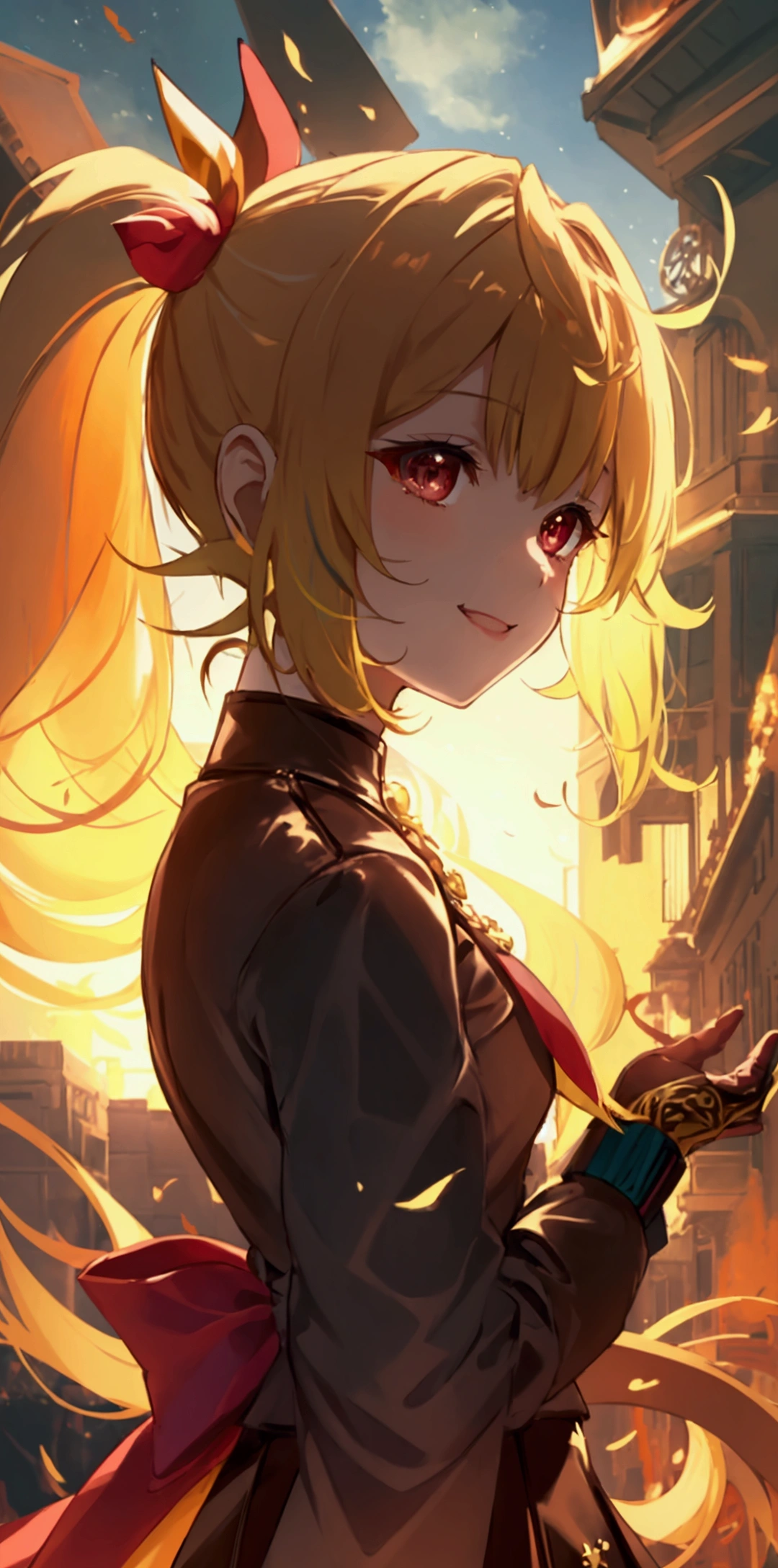 unbeatablemasterpiece,smile,dusk,1girl,golden hair,vermilion bird back,ponytail,short skirt,