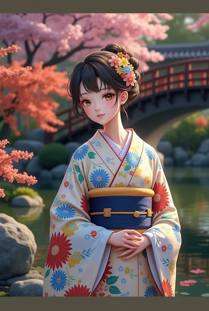 (masterpiece、Highest quality、8k、High resolution)、Traditional Japanese beauty in kimono、Floral pattern on white background、Vibrant colors、Japanese garden、There is a pond、Colorful flowers、Vibrant colors、Cherry Blossom、There is a drum bridge、A complete portrayal、Detailed anime art、