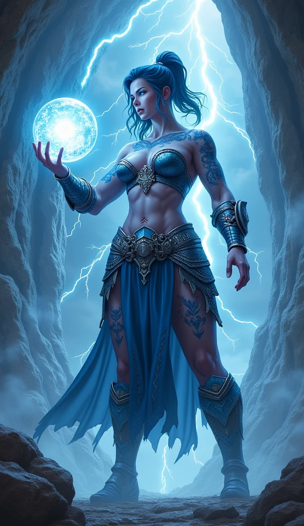 Aletta Ocean, angry evil beautiful and muscular, Nordic female, towering storm Giantess with blue black hair in a ponytail, older and mature woman, throwing a lightning ball, celtic glowing tattoos, wearing silver nordic steel runic plate mail Armour , temple cave background with lightning storm, glowing blue eyes, square jaw, powerful and imposing, winter clothing, pale blue purple skin, ((full plate silver celtic dragon armour)), nordic tattoos with bodybuilder physique