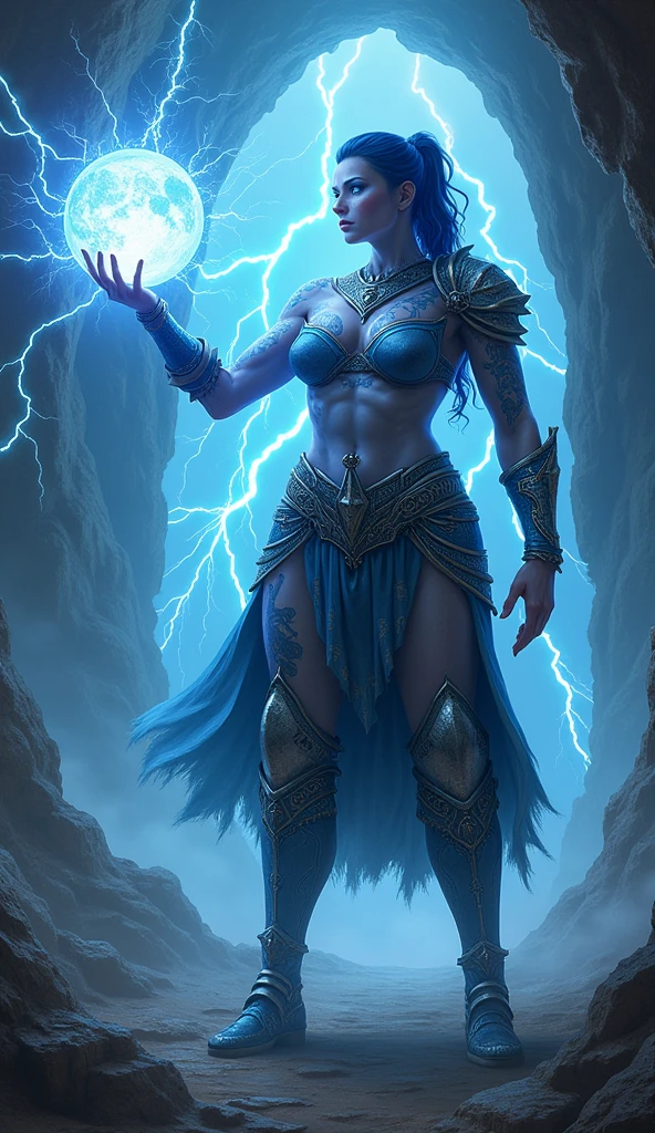 Aletta Ocean, angry evil beautiful and muscular, Nordic female, towering storm Giantess with blue black hair in a ponytail, older and mature woman, throwing a lightning ball, celtic glowing tattoos, wearing silver nordic steel runic plate mail Armour , temple cave background with lightning storm, glowing blue eyes, square jaw, powerful and imposing, winter clothing, pale blue purple skin, ((full plate silver celtic dragon armour)), nordic tattoos with bodybuilder physique