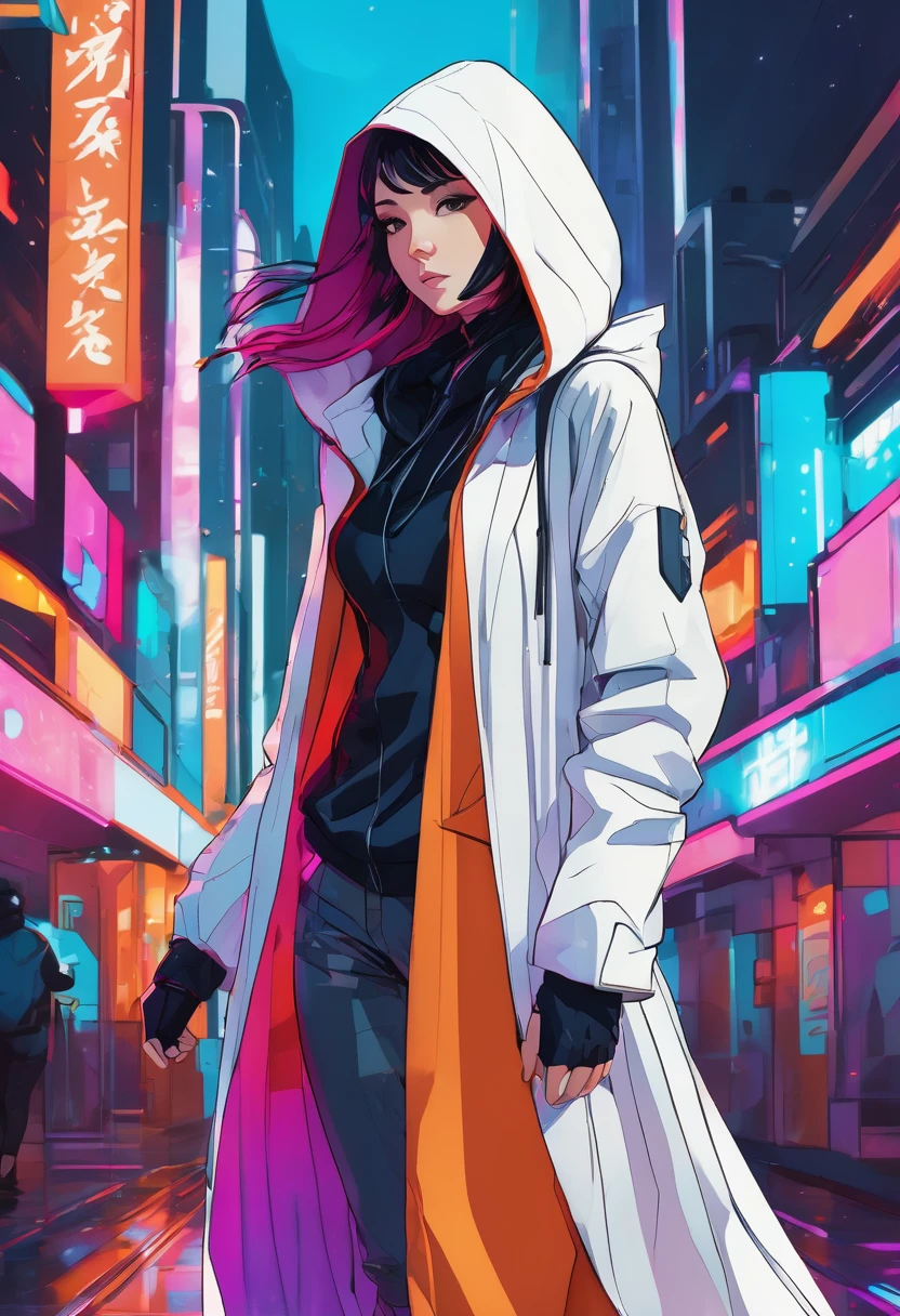 Full-body anime illustration of a young woman in a flowing white hooded coat, standing confidently in a vibrant, futuristic cityscape, with dynamic, bright colors and detailed background elements, showcasing the character's stylish pose and coat's design.